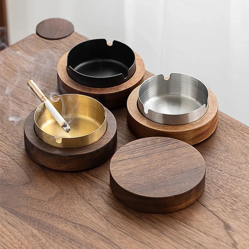 Walnut wood ashtray with metal insert and lid product photo