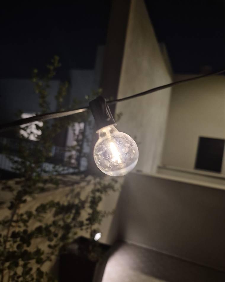 One G40 globe bulb lit warm white on the string after dark