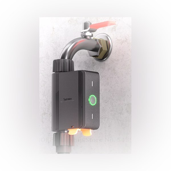 SONOFF SWV Zigbee smart water valve on an outdoor tap, product photo